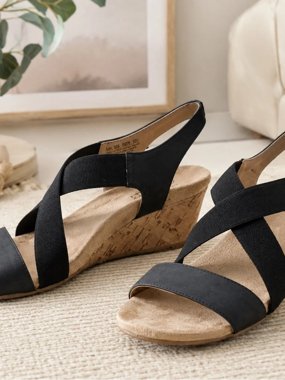 Life Stride Black Crisscross Elastic Slingback Wedge Sandals
